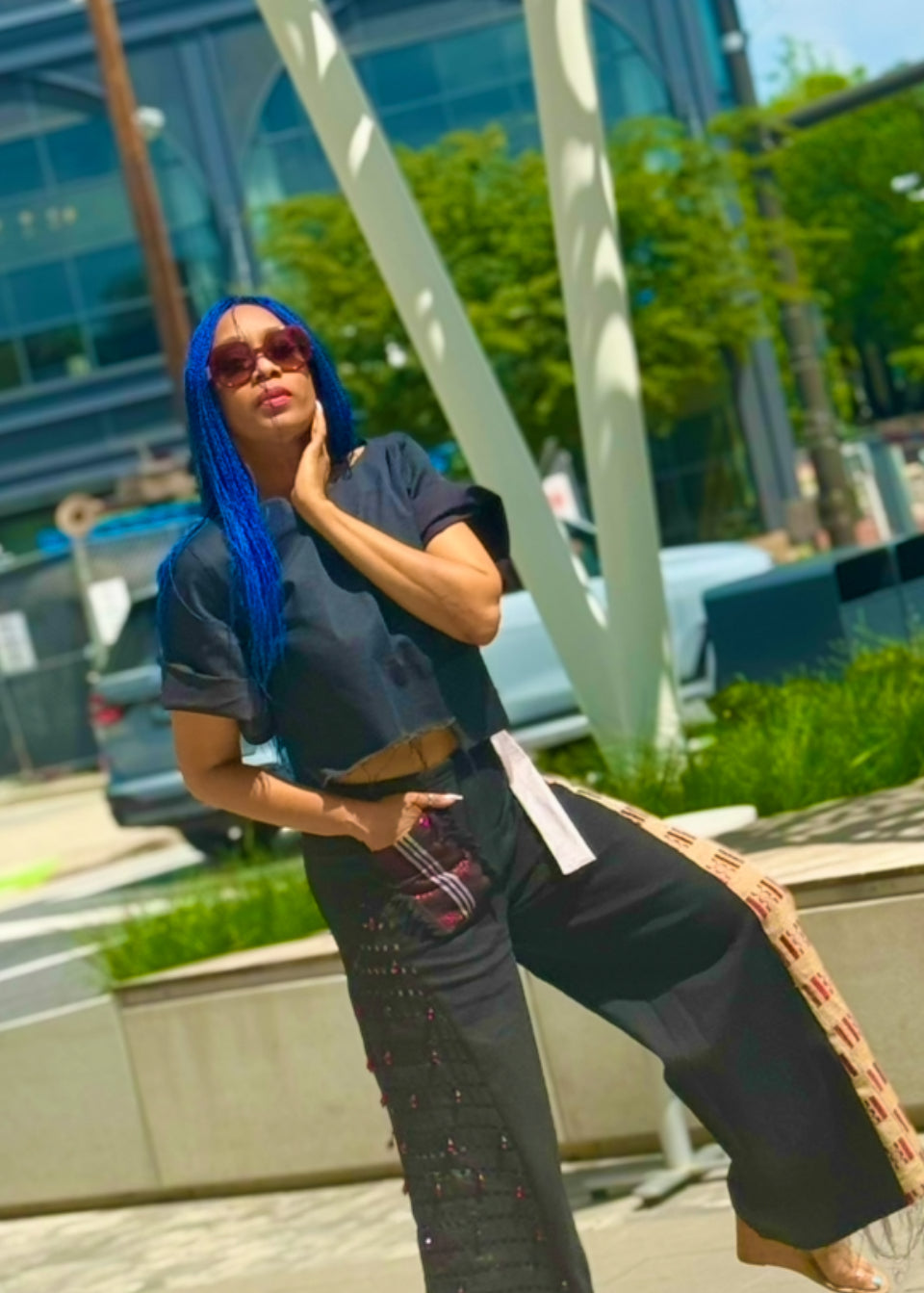 The Jarday Frayed Hem Calf Skin Leather Trim Cropped Blouse in Black