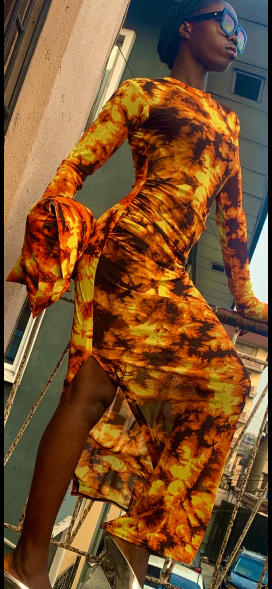 Sedi Mesh Dress in California Sunset Adire Print