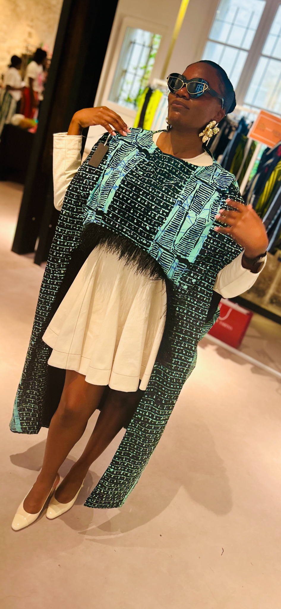 Amsterdam Cape with Ostrich Feather Detail, Adire Print.