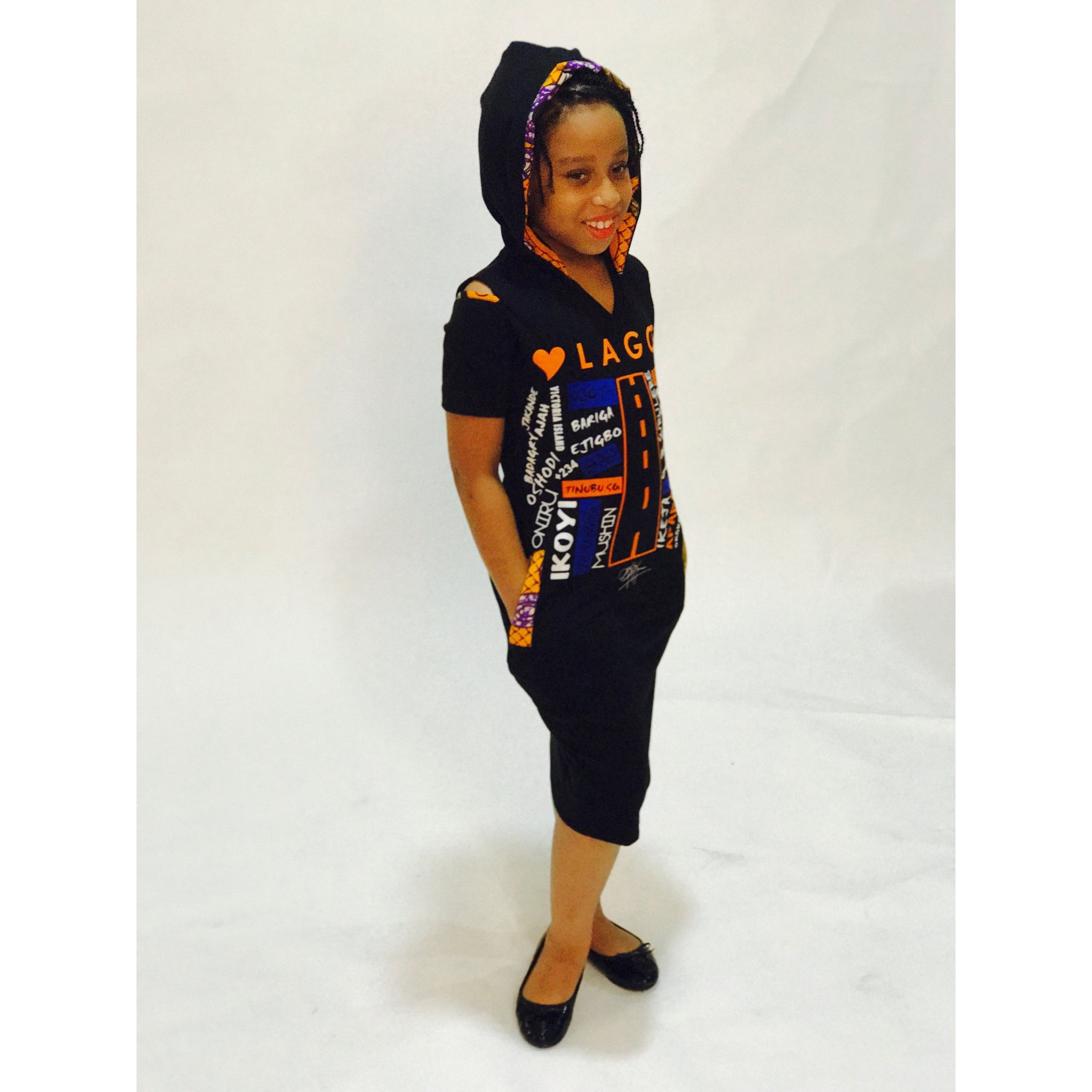 KIDS: LUV LAGOS ANKARA BLACK HOODED MIDI DRESS