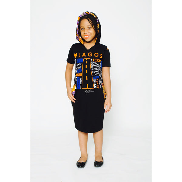 KIDS: LUV LAGOS ANKARA BLACK HOODED MIDI DRESS