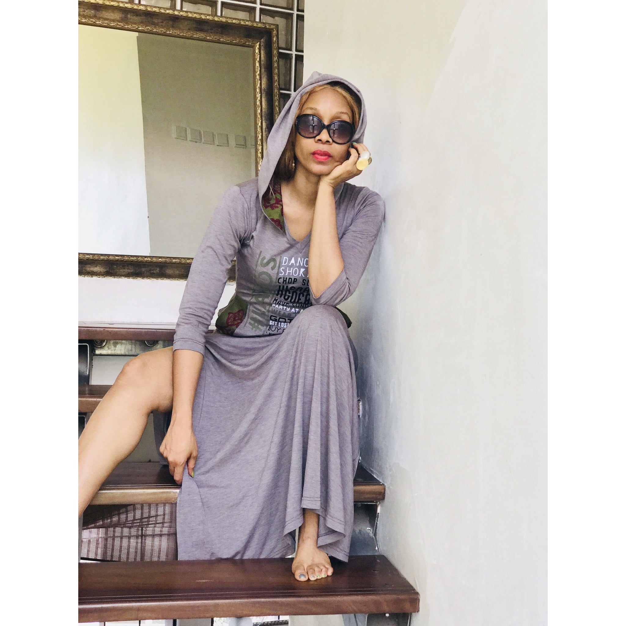 Grey Side Slit #LAGOS FAV THINGS Hooded Maxi Dress, 3/4 Sleeved – KIKIKAMANUInc Grey Side Slit #LAGOS FAV THINGS Hooded Maxi Dress, 3/4 Sleeved – KIKIKAMANUInc
