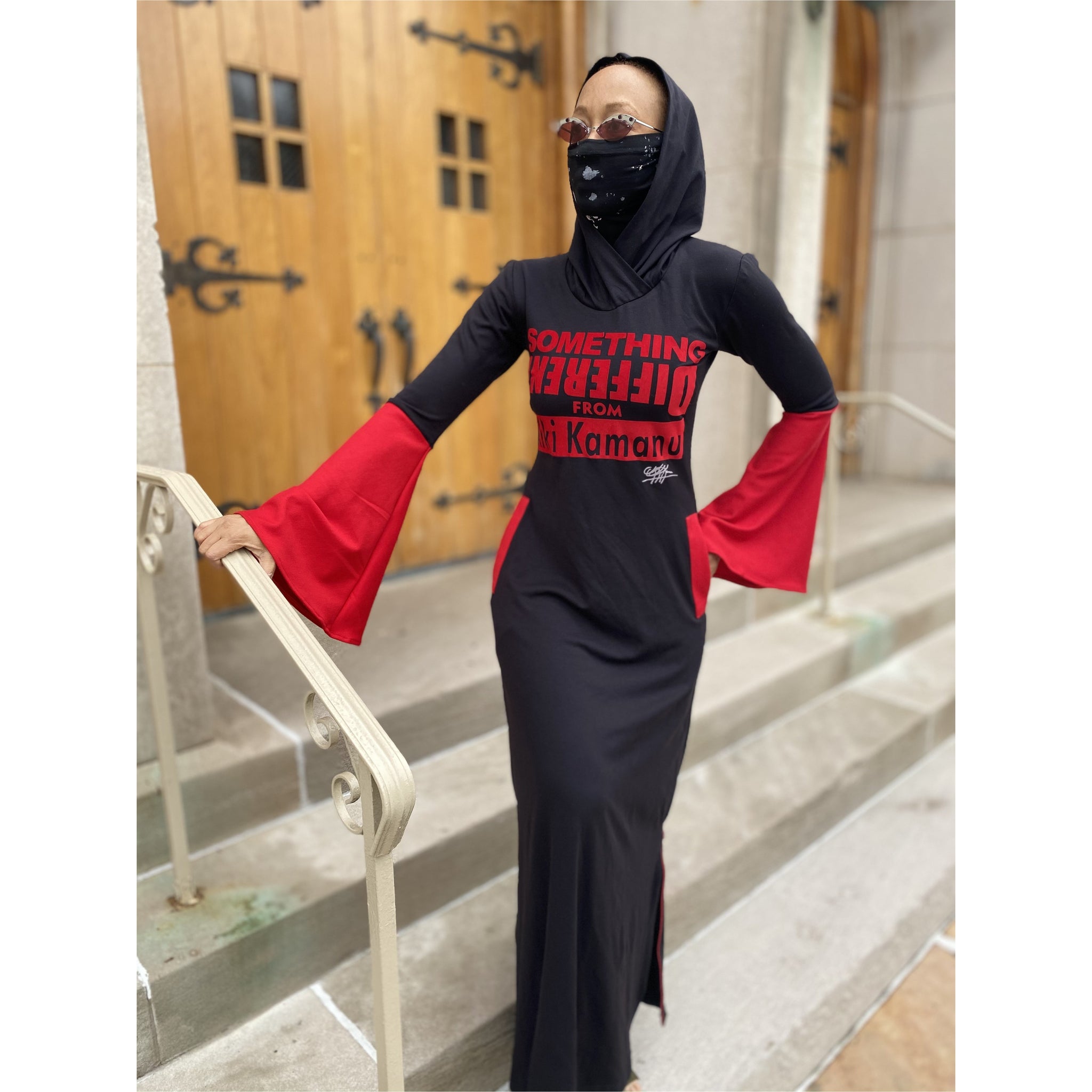 Black Maxi with Attached Mask & Bell Sleeves; ‘Something Diff Frm KikiKamanu -Customisable-
